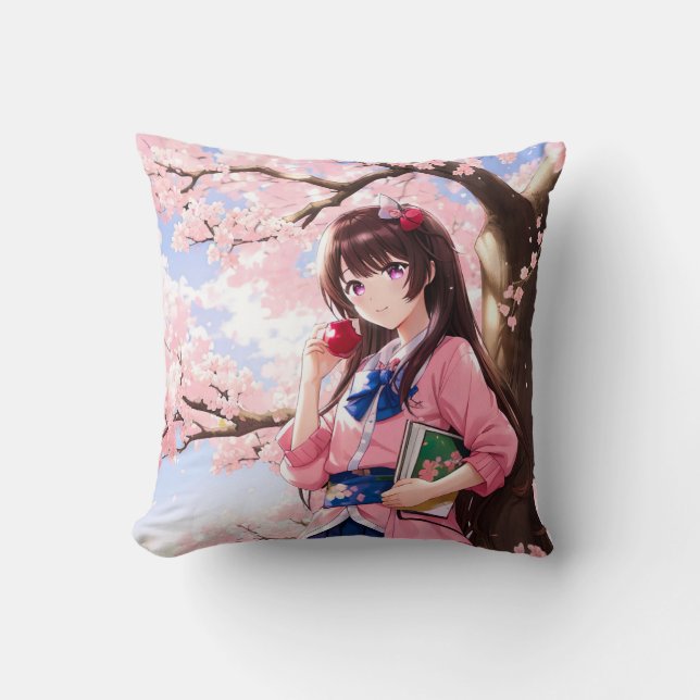 Cute Anime Girl Under A Cherry Blossom Tree Cushion (Front)