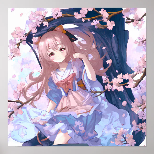 Cute Anime Girl Under A Cherry Blossom Tree Poster | Zazzle