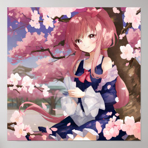Cute Anime Girl Under A Cherry Blossom Tree Poster