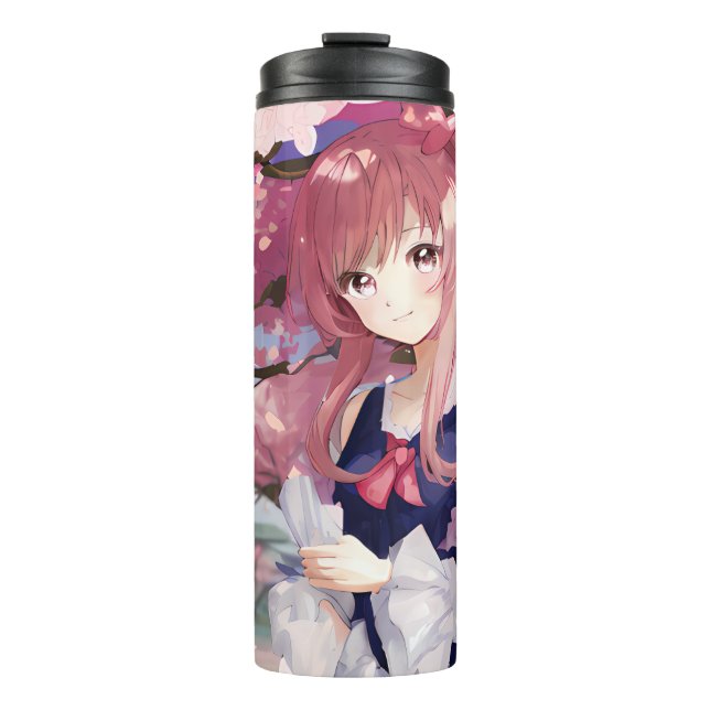 Cute Anime Girl Under A Cherry Blossom Tree Thermal Tumbler (Front)