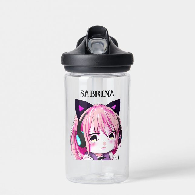 Cute Anime Girl with Cat Ears Water Bottle (Front)