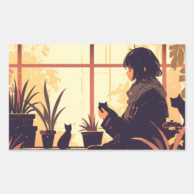 Cute Anime Girl with Cats Near Window Rectangular Sticker (Front)
