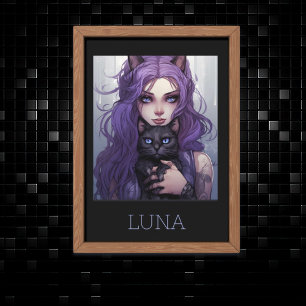 Cute Anime Girl with Purple Hair and Her Cat Poster
