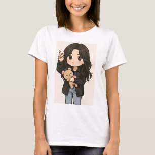 Cute Anime Girl with teddy bear peace sign T-Shirt