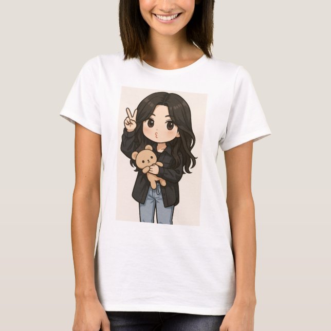 Cute Anime Girl with teddy bear peace sign T-Shirt (Front)