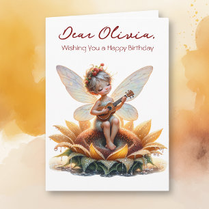 Cute Anime Girl with Ukulele on Sunflower Birthday Card