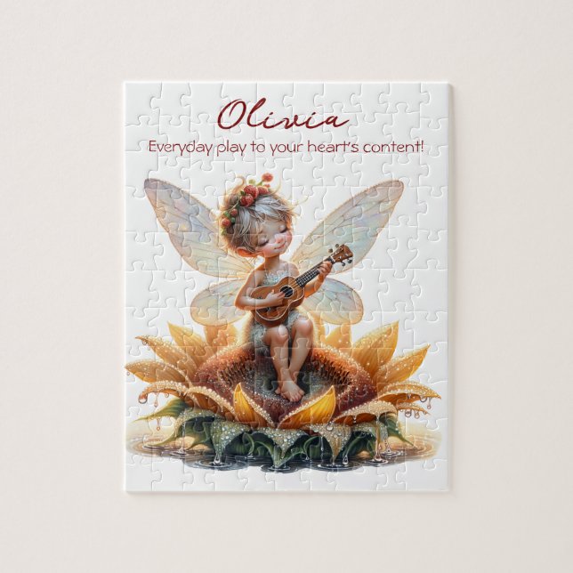 Cute Anime Girl with Ukulele on Sunflower Jigsaw Puzzle (Vertical)