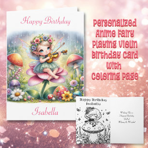 Cute Anime Girl with Violin on Mushroom Birthday Card