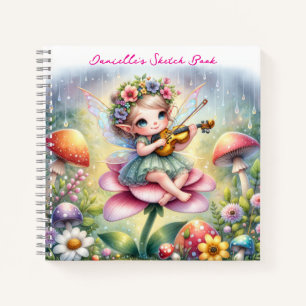 Cute Anime Girl with Violin on Mushroom Notebook