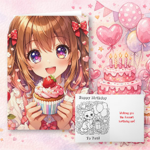 Cute Anime Girl's Birthday and Colouring Page Card