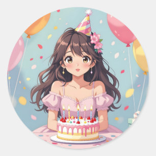 Cute Anime Girl's Birthday Party Classic Round Sticker