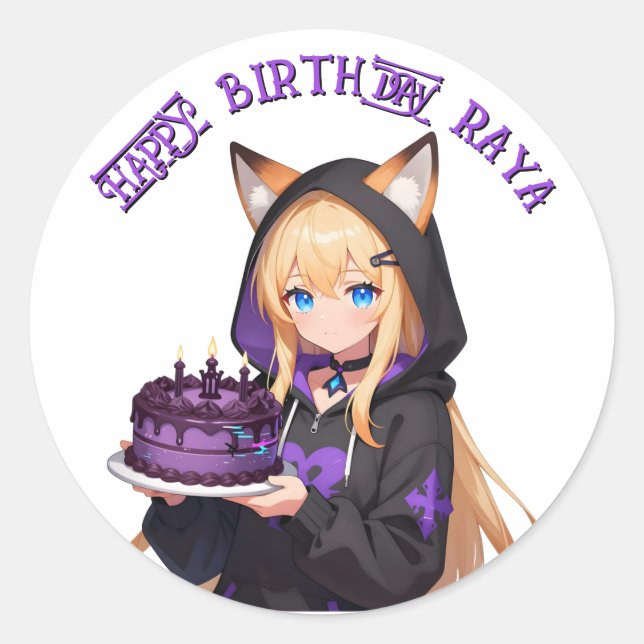 Cute Anime Girl's Birthday Party Classic Round Sticker (Front)