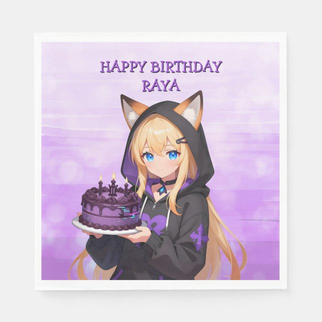 Cute Anime Girl's Birthday Party Napkin (Front)