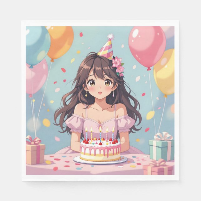 Cute Anime Girl's Birthday Party Napkin (Front)