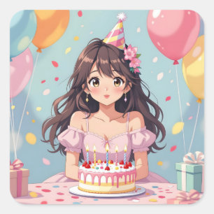 Cute Anime Girl's Birthday Party Square Sticker