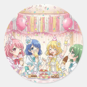 Cute Anime Girl's Ice Cream Birthday Party   Classic Round Sticker