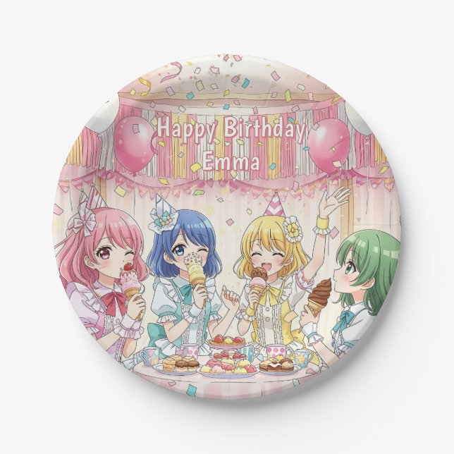 Cute Anime Girl's Ice Cream Birthday Party   Paper Plate (Front)