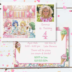 Cute Anime Girl's Ice Cream Birthday Party Photo Invitation