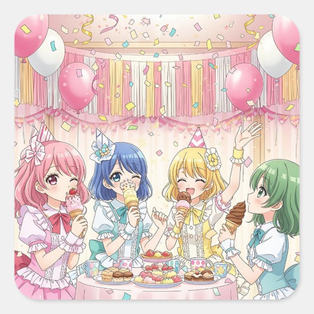 Cute Anime Girl's Ice Cream Birthday Party   Square Sticker (Front)