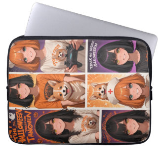 Cute Anime Halloween Collage Art | Spooky Girls & Laptop Sleeve
