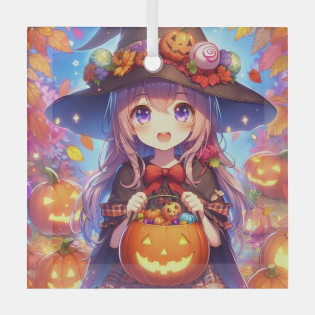 Cute Anime Halloween Witch Glass Tree Decoration (Front)
