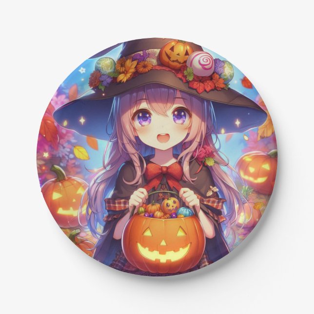 Cute Anime Halloween Witch Paper Plate (Front)