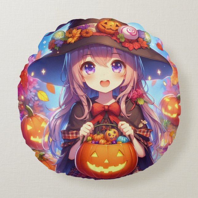 Cute Anime Halloween Witch Round Cushion (Front)