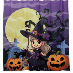 Cute Anime Halloween Witch Shower Curtain