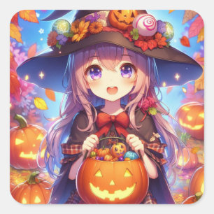 Cute Anime Halloween Witch Square Sticker