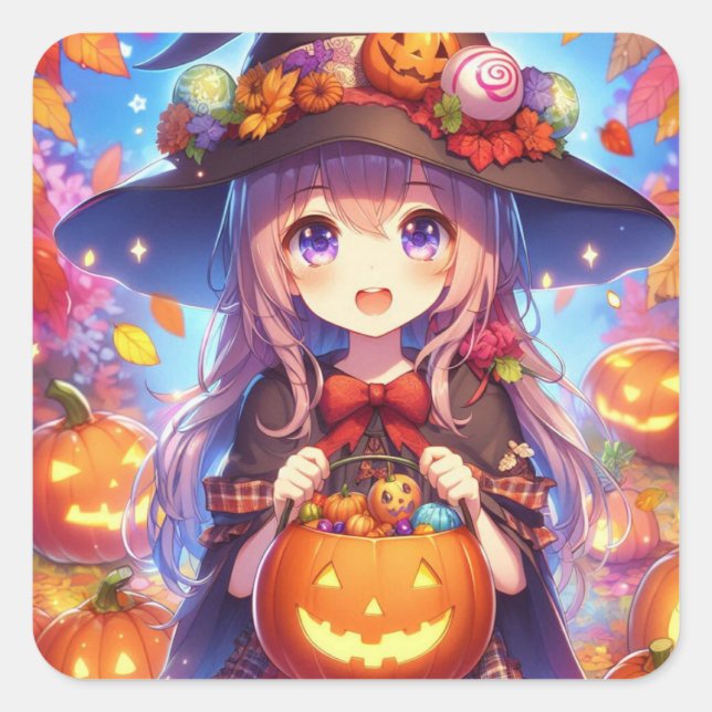 Cute Anime Halloween Witch Square Sticker (Front)
