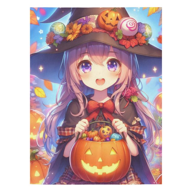 Cute Anime Halloween Witch Tablecloth (Front)