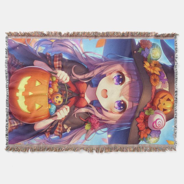 Cute Anime Halloween Witch Throw Blanket (Front)