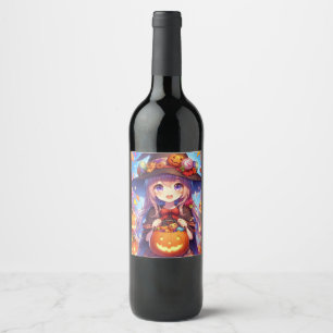 Cute Anime Halloween Witch Wine Label