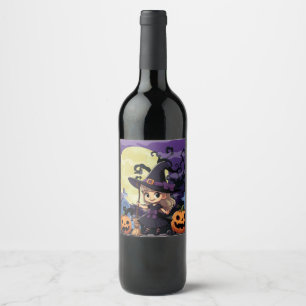 Cute Anime Halloween Witch Wine Label
