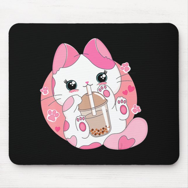 Cute Anime Kawaii Cat Boba Bubble Tea Girls Costum Mouse Pad (Front)