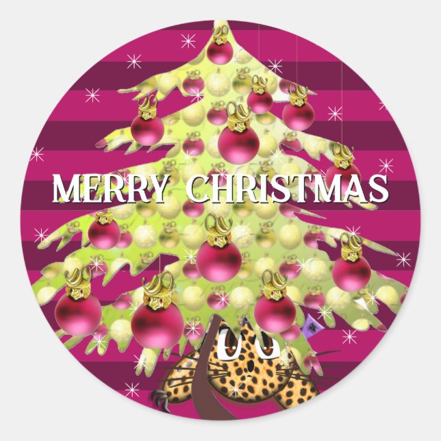 Cute Anime Leopard Under Lime Christmas Tree Classic Round Sticker (Front)