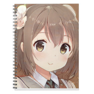 Cute anime manga girl brown hair hazel eyes flower notebook
