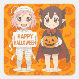 Cute anime mummy & vampire girls square sticker