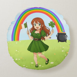 Cute anime redhead Saint Patrick's Day Round Cushion