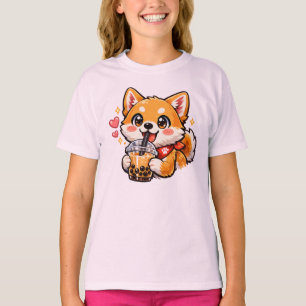 Cute Anime Shiba Inu Drinking Bubble Tea Kawaii T-Shirt
