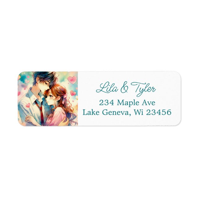 Cute Anime Themed Romantic Couple Return Address Label (Front)