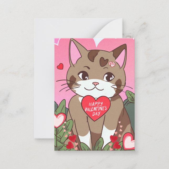 Cute Anime Valentine Cat  Card (Front)
