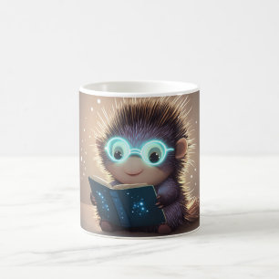 cute, anthropomorphic hedgehog, wearing light-up g coffee mug