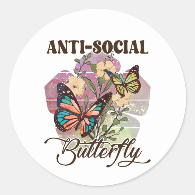 Cute anti social butterfly word art classic round sticker (Front)