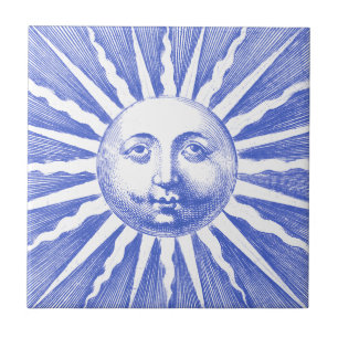 Cute Antique Vintage Blue Sun Face Ceramic Tile