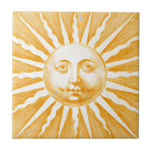 Cute Antique Vintage Gold Yellow Sun Face Ceramic Tile