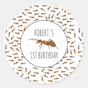 Cute Ants Pattern Custom Name Kids Birthday Party Classic Round Sticker