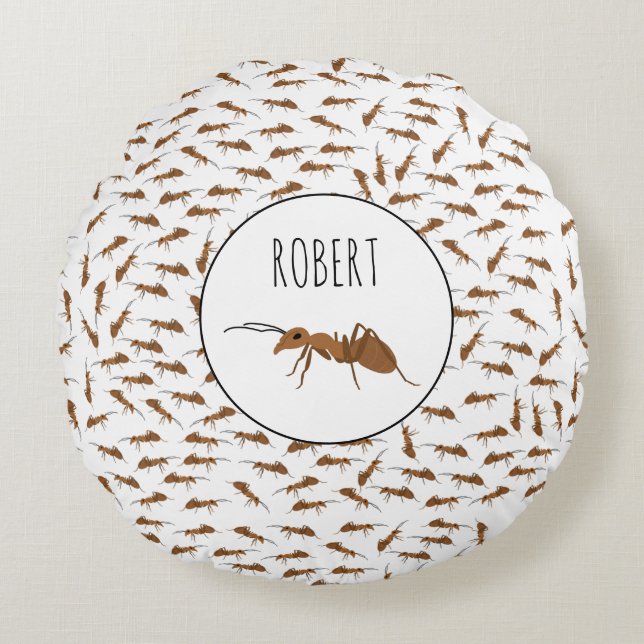 Cute Ants Pattern Custom Name Kids Round Cushion (Front)