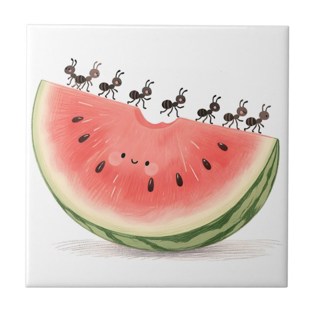 Cute Ants Watermelon Slice Ceramic Tile (Front)