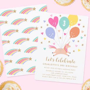 Cute Any Age Birthday Unicorn Balloon Kids Party Invitation